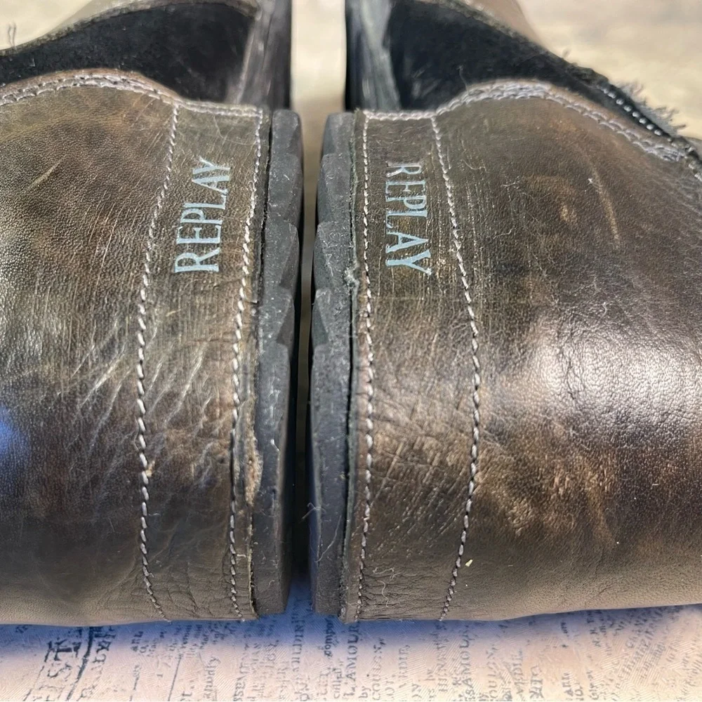 Replay Leather & Denim Deconstructed Biker Ankle Boots Zip Side Moto Boots